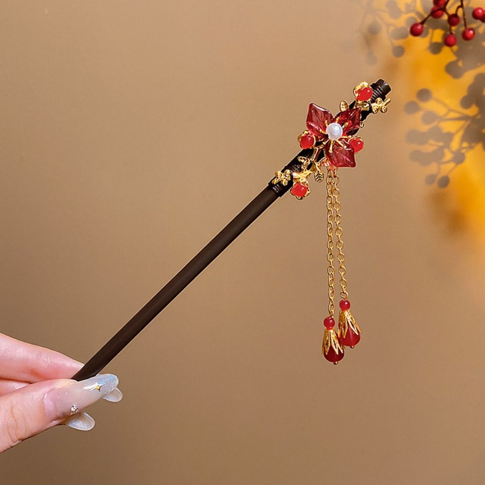 Hanbok Hair Pin - Klassieke bloem houten haarstokje rood nieuwjaar