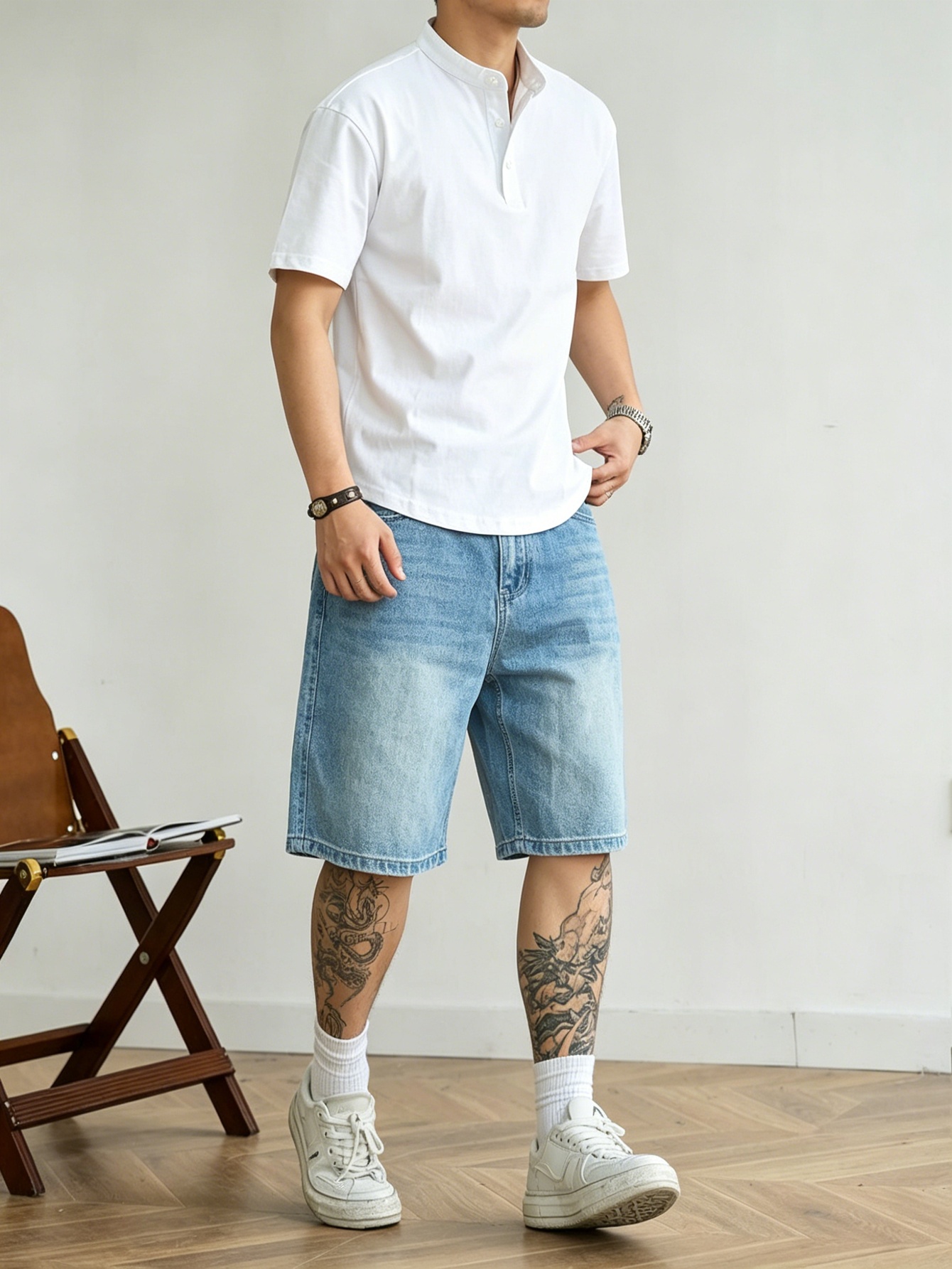 Korean Men Lifestyle - Losjes vallende blauwe denim jorts zonder
